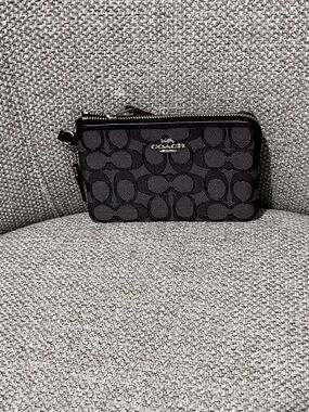 Coach Black Wallet Corner Zip Wristlet In Signature Canvas Black